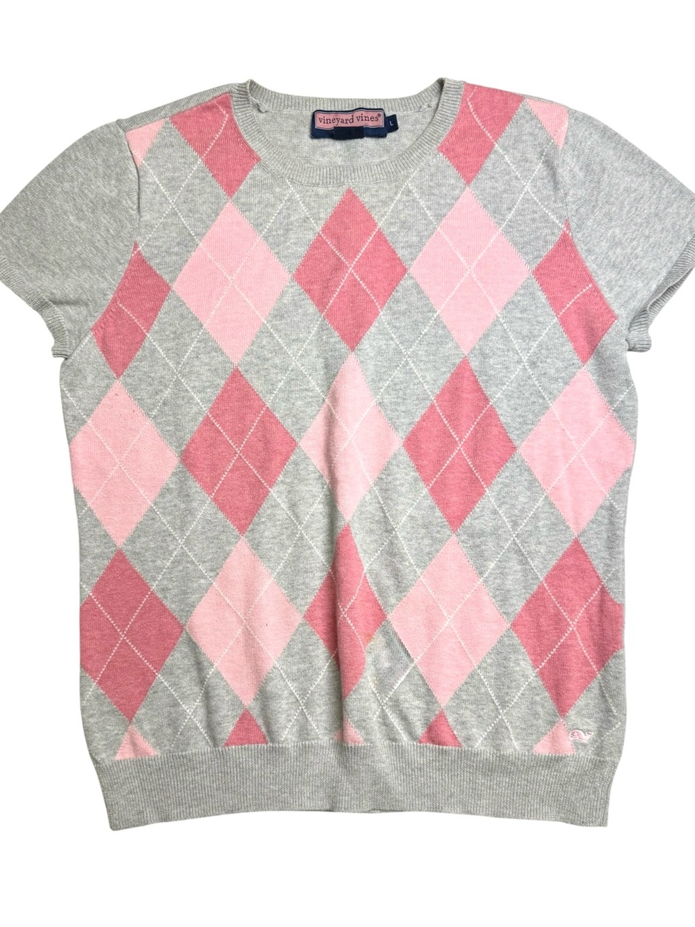 Vineyard Vines Argyle Short Sleeve Sweater L Pink Gray Cotton Cashmere